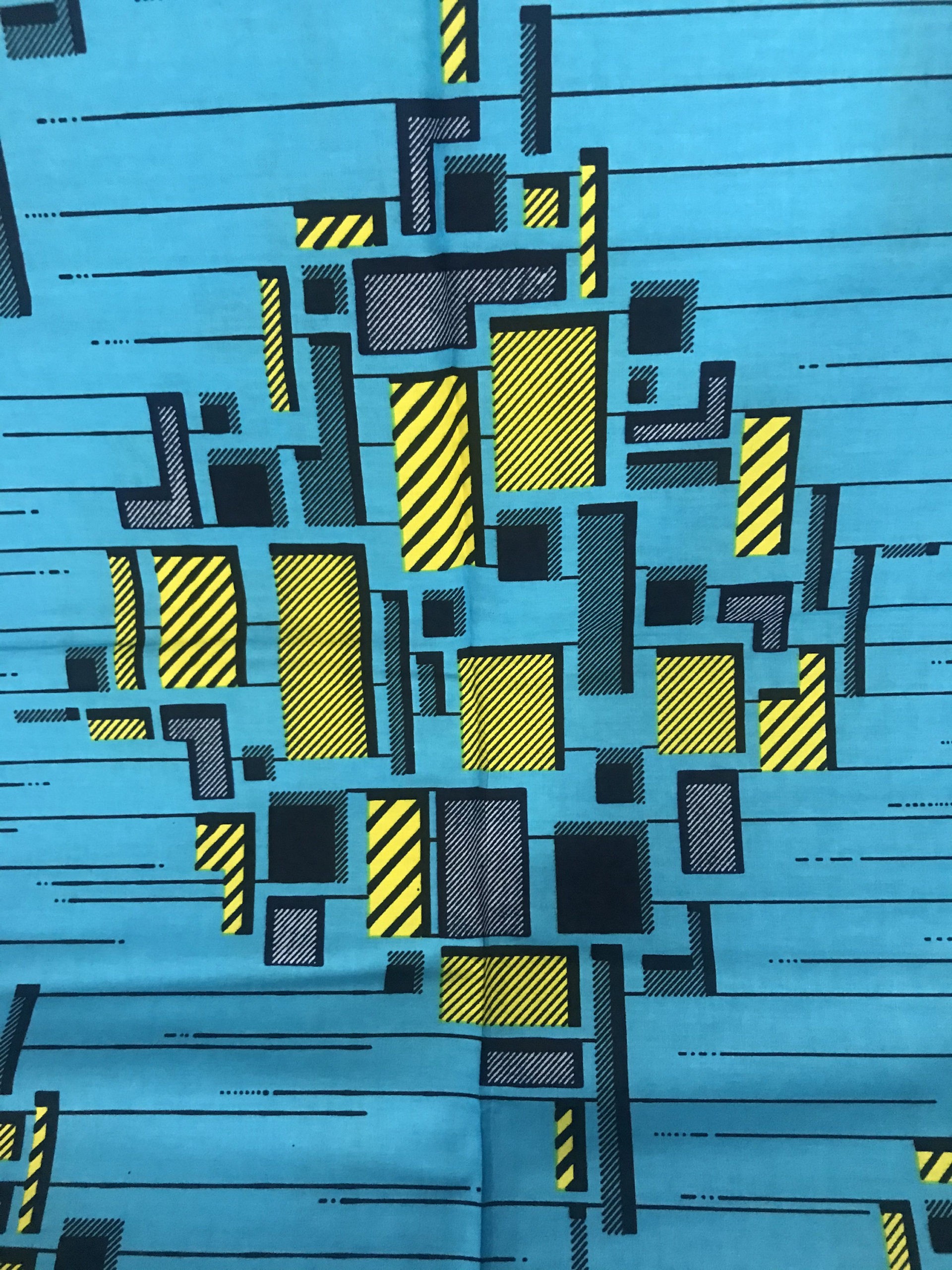 Yellow Clustered Line Stroked Blocks on Cool Blue / Cyan Ankara African ...